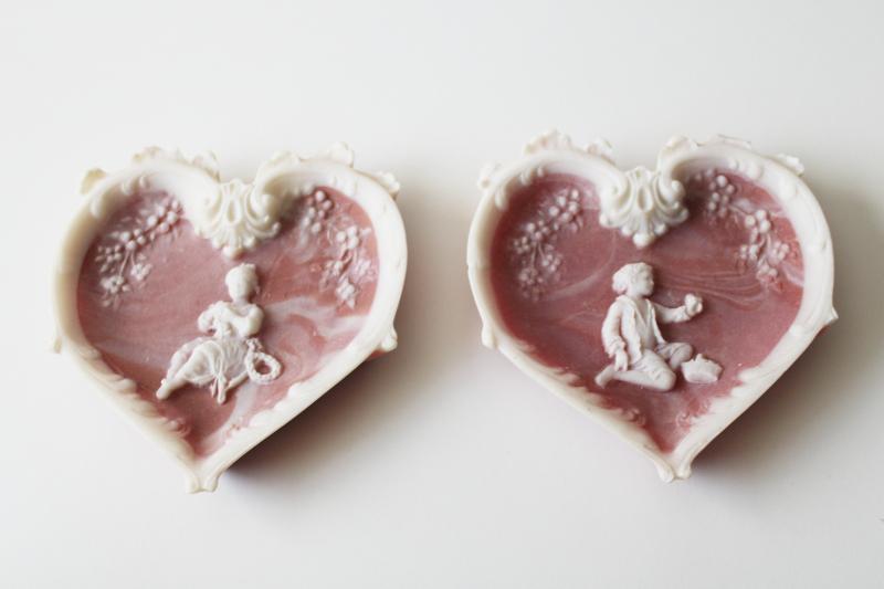 photo of vintage Incolay hearts wall hanging plaques, pink & white marble w/ boy & girl #1