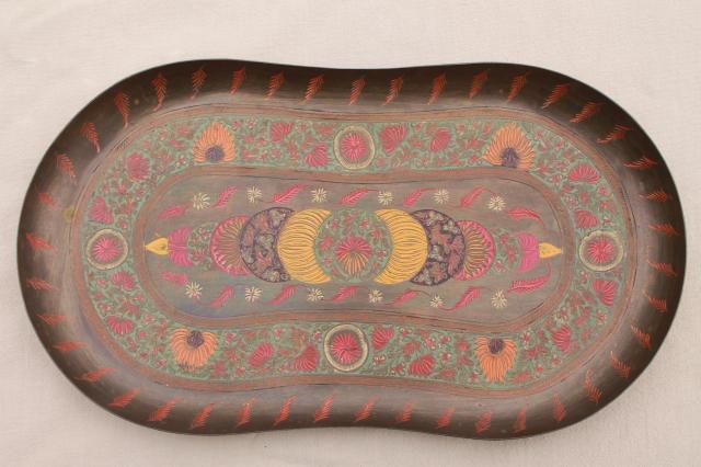 photo of vintage India brass serving tray, etched metal w/ hand painted enamel design #1