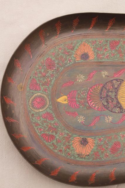 photo of vintage India brass serving tray, etched metal w/ hand painted enamel design #3