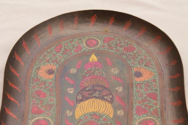 photo of vintage India brass serving tray, etched metal w/ hand painted enamel design #4