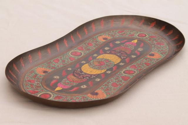 photo of vintage India brass serving tray, etched metal w/ hand painted enamel design #5