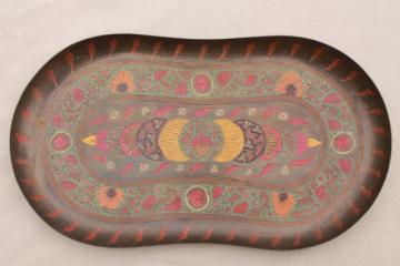 catalog photo of vintage India brass serving tray, etched metal w/ hand painted enamel design