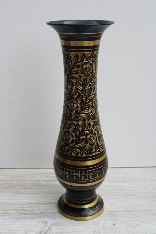 photo of vintage India brass vase, black enamel w/ etched floral retro bohemian decor #1