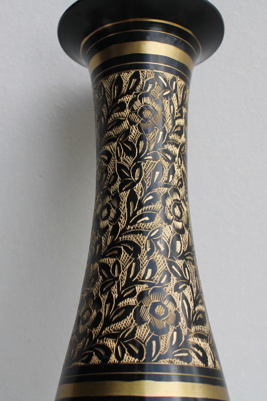 photo of vintage India brass vase, black enamel w/ etched floral retro bohemian decor #2