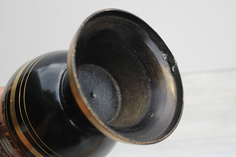 photo of vintage India brass vase, black enamel w/ etched floral retro bohemian decor #3