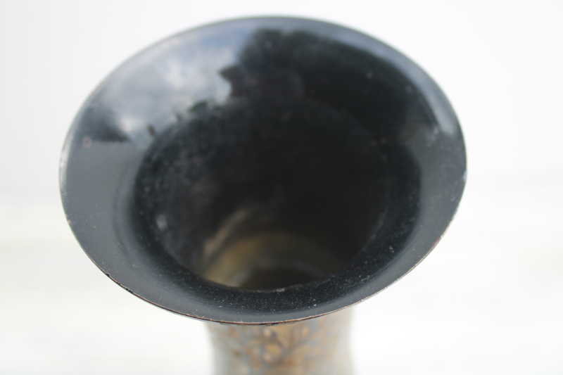 photo of vintage India brass vase, black enamel w/ etched floral retro bohemian decor #4