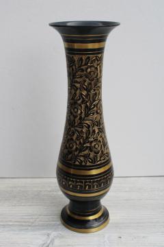 photo of vintage India brass vase, black enamel w/ etched floral retro bohemian decor