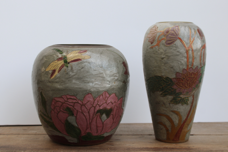 photo of vintage India brass vases w/ hand painted enamel, art nouveau style insects, trees & flowers  #1