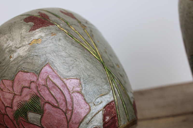 photo of vintage India brass vases w/ hand painted enamel, art nouveau style insects, trees & flowers #2