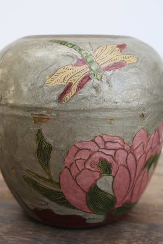 photo of vintage India brass vases w/ hand painted enamel, art nouveau style insects, trees & flowers #3