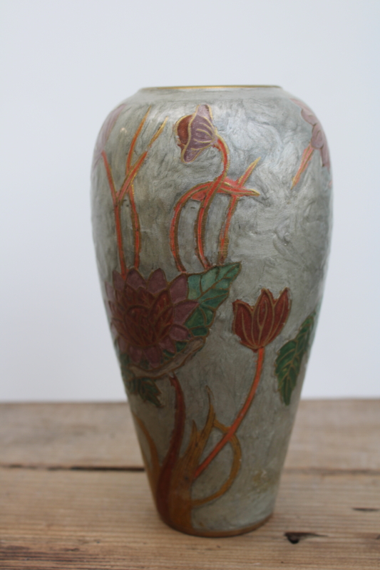 photo of vintage India brass vases w/ hand painted enamel, art nouveau style insects, trees & flowers #4