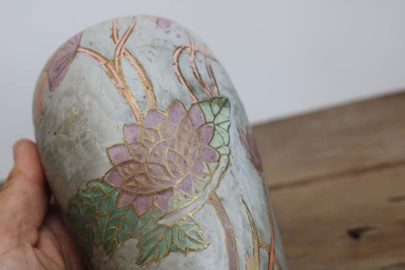 photo of vintage India brass vases w/ hand painted enamel, art nouveau style insects, trees & flowers #5