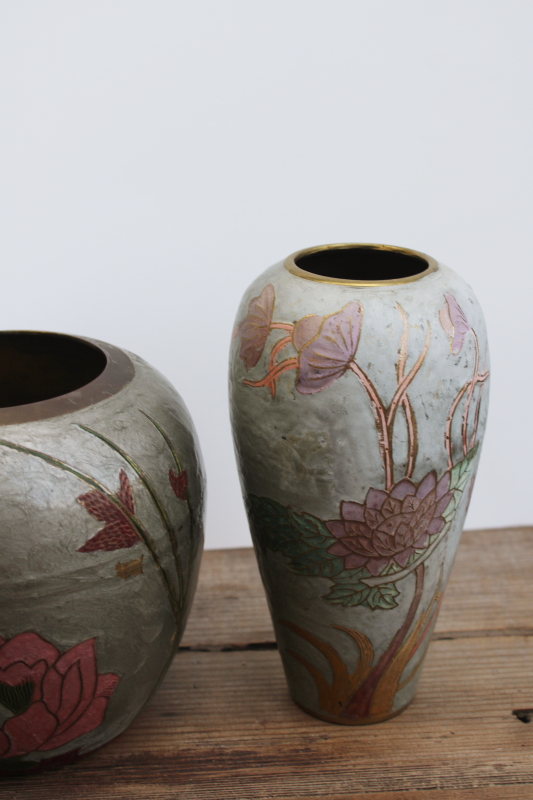 photo of vintage India brass vases w/ hand painted enamel, art nouveau style insects, trees & flowers #6
