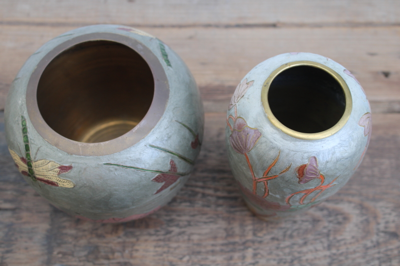 photo of vintage India brass vases w/ hand painted enamel, art nouveau style insects, trees & flowers #7