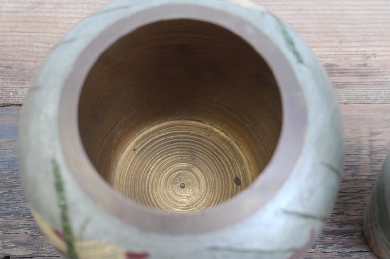 photo of vintage India brass vases w/ hand painted enamel, art nouveau style insects, trees & flowers #8