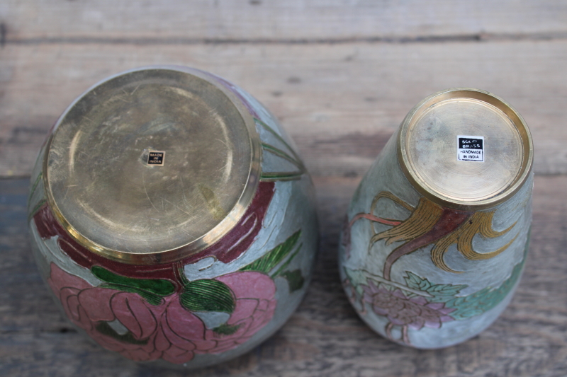 photo of vintage India brass vases w/ hand painted enamel, art nouveau style insects, trees & flowers #9