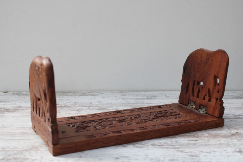 photo of vintage India carved wood book rack, expandable folding bookshelf w/ Indian elephants #1
