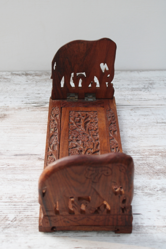 photo of vintage India carved wood book rack, expandable folding bookshelf w/ Indian elephants  #2