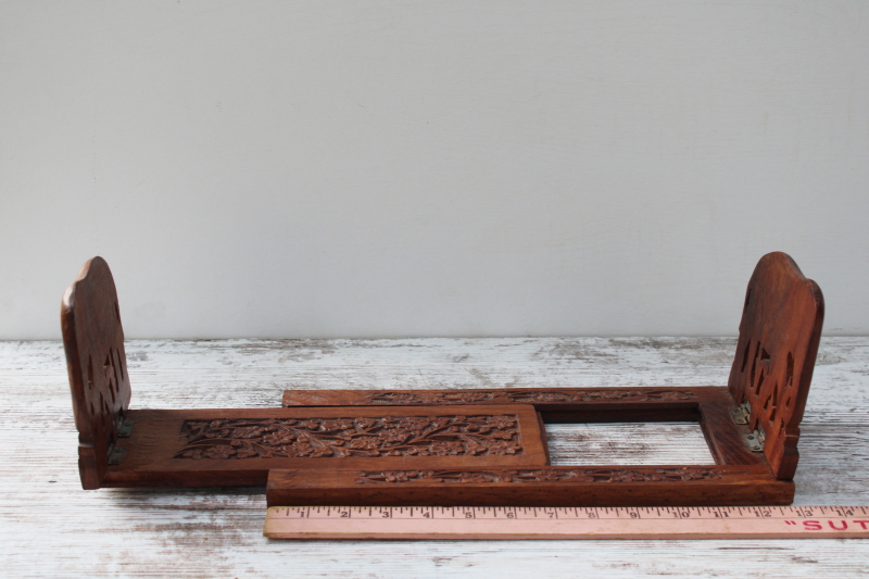 photo of vintage India carved wood book rack, expandable folding bookshelf w/ Indian elephants  #4