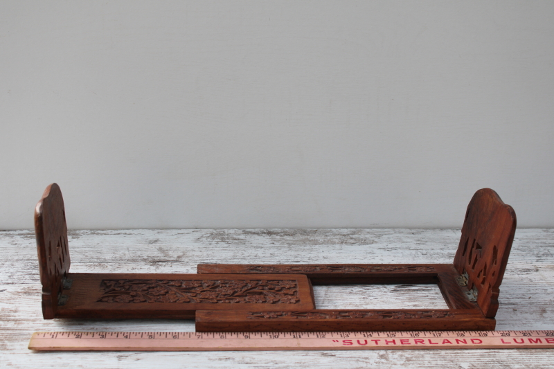 photo of vintage India carved wood book rack, expandable folding bookshelf w/ Indian elephants  #5