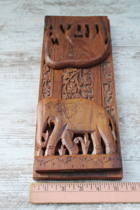 photo of vintage India carved wood book rack, expandable folding bookshelf w/ Indian elephants  #6