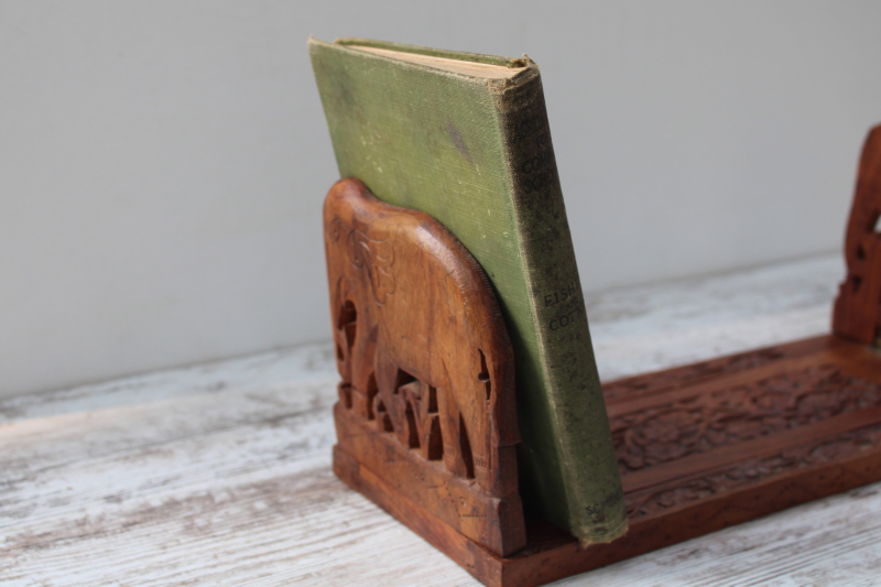 photo of vintage India carved wood book rack, expandable folding bookshelf w/ Indian elephants  #7