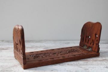 catalog photo of vintage India carved wood book rack, expandable folding bookshelf w/ Indian elephants 