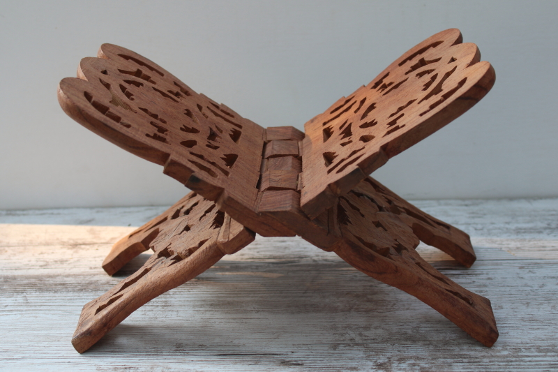 photo of vintage India carved wood book stand, folding book rack boho arty mystical style  #2