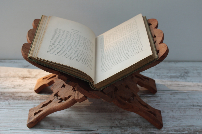 photo of vintage India carved wood book stand, folding book rack boho arty mystical style  #3