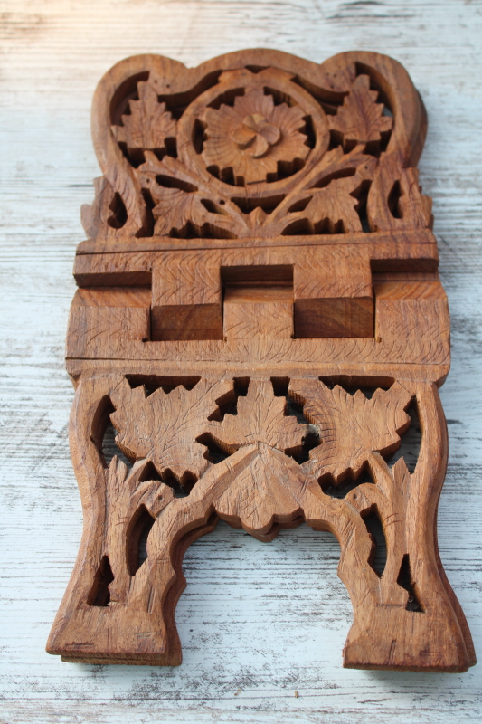 photo of vintage India carved wood book stand, folding book rack boho arty mystical style  #6