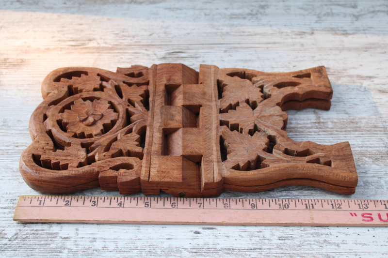 photo of vintage India carved wood book stand, folding book rack boho arty mystical style  #7