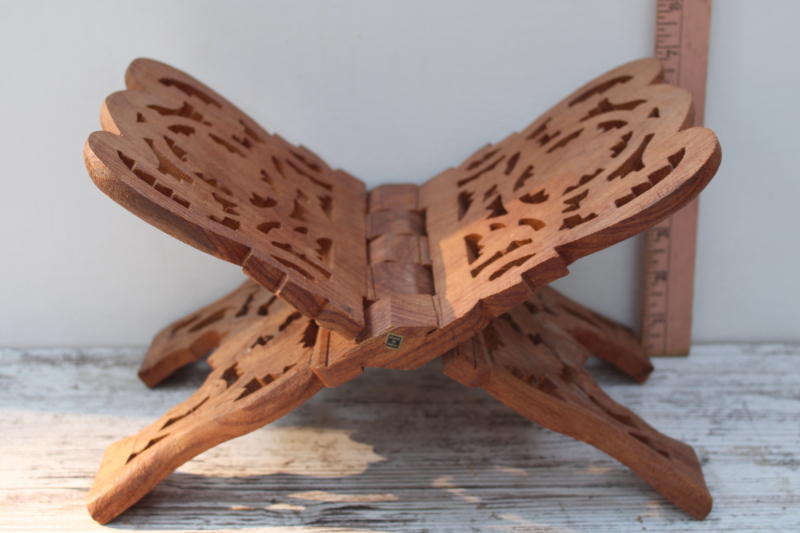 photo of vintage India carved wood book stand, folding book rack boho arty mystical style  #9