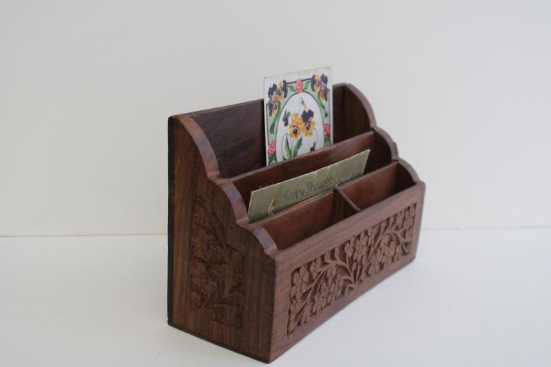 photo of vintage India carved wood desk box mail holder letter paper organizer #1