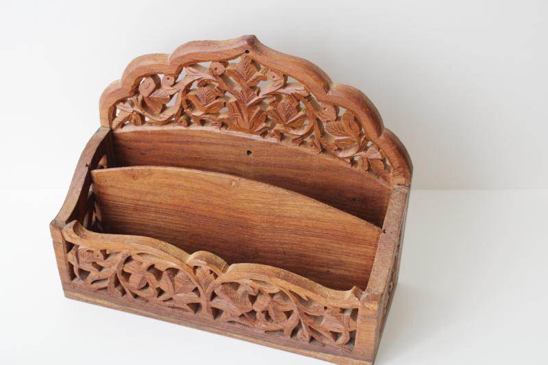 photo of vintage India carved wood desk box mail holder letter paper organizer #1