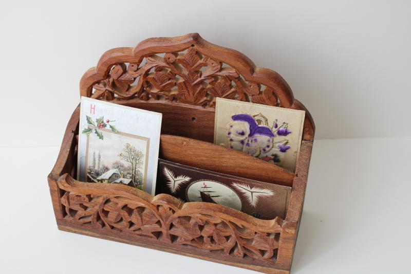 photo of vintage India carved wood desk box mail holder letter paper organizer #2