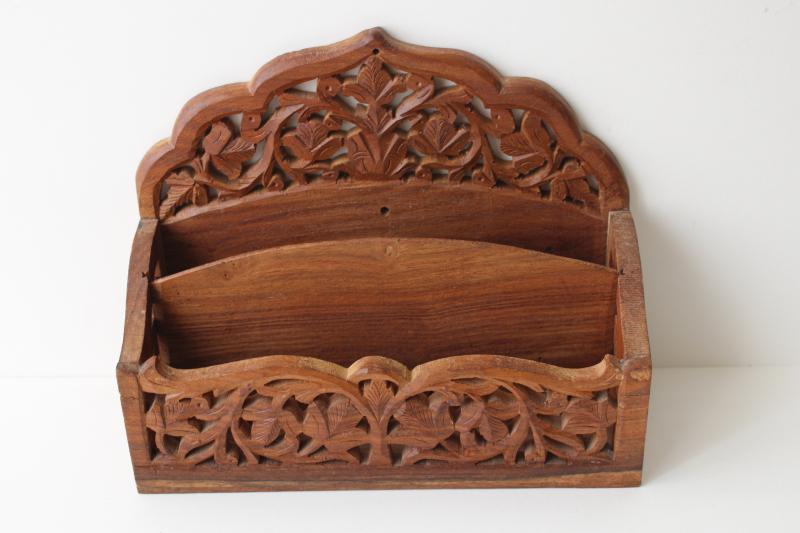 photo of vintage India carved wood desk box mail holder letter paper organizer #3