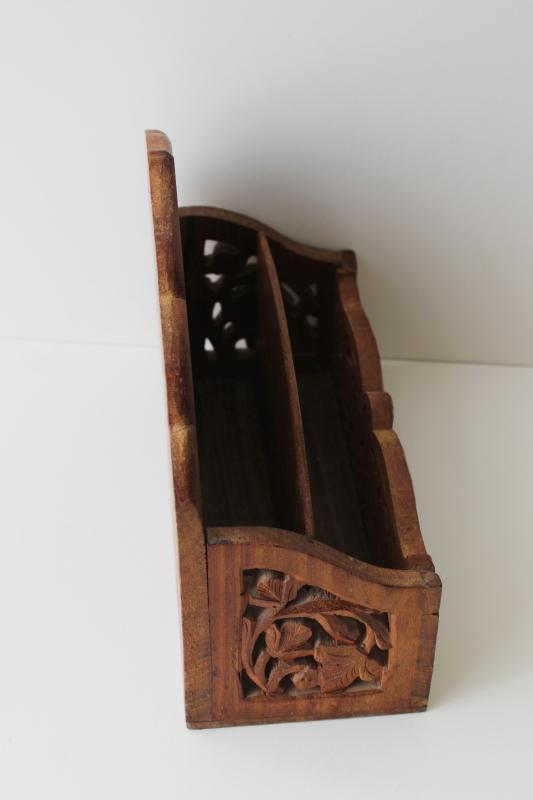 photo of vintage India carved wood desk box mail holder letter paper organizer #6