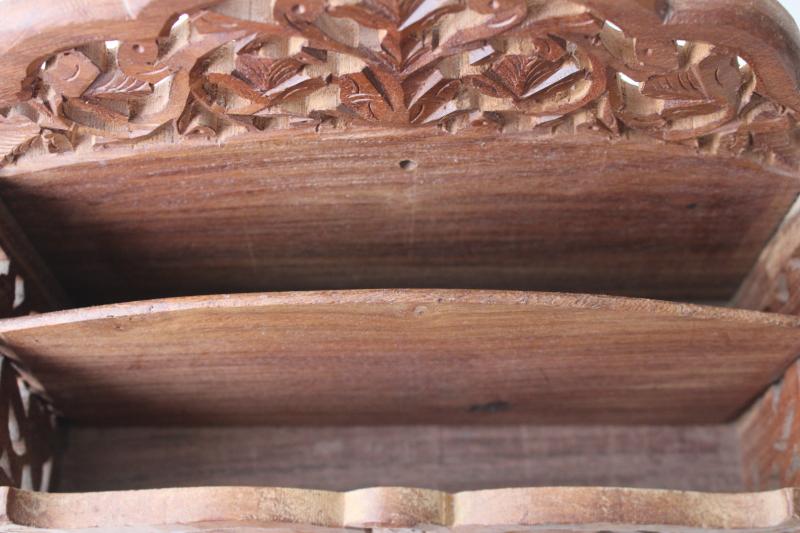 photo of vintage India carved wood desk box mail holder letter paper organizer #7