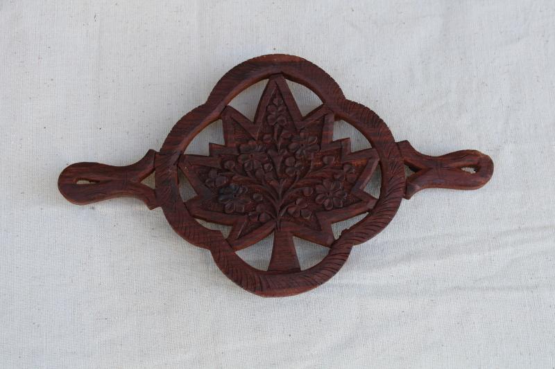 photo of vintage India carved wood trivet w/ Tree of Life, boho wall art or kitchen decor #1