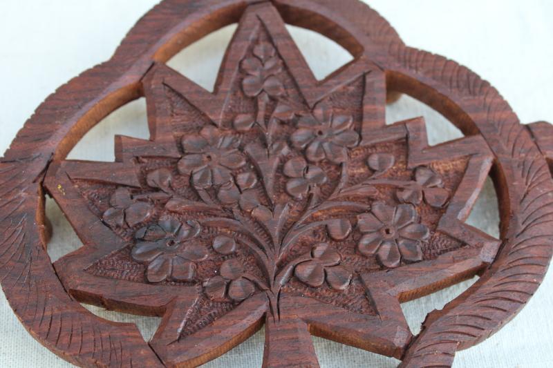 photo of vintage India carved wood trivet w/ Tree of Life, boho wall art or kitchen decor #2