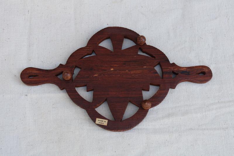 photo of vintage India carved wood trivet w/ Tree of Life, boho wall art or kitchen decor #3