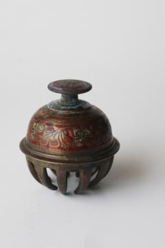photo of vintage India elephant claw bell, solid brass w/ etched colored enamel