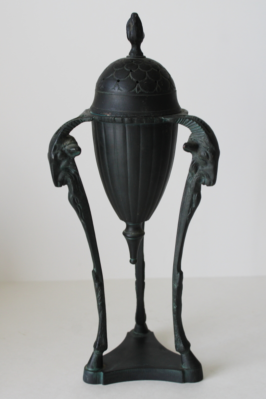 photo of vintage India incense burner, dark bronze cast brass tall urn w/ lid neoclassical ram's head design  #1