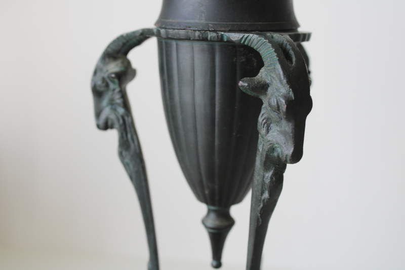 photo of vintage India incense burner, dark bronze cast brass tall urn w/ lid neoclassical ram's head design #2