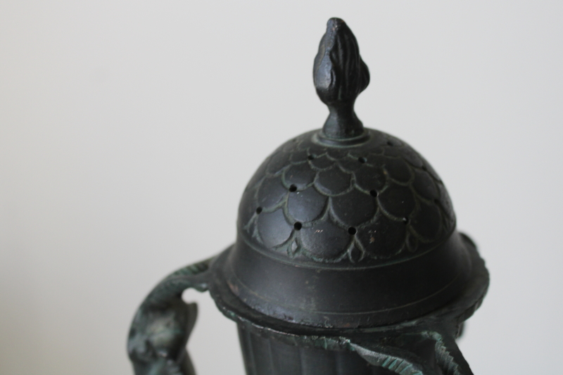 photo of vintage India incense burner, dark bronze cast brass tall urn w/ lid neoclassical ram's head design #3