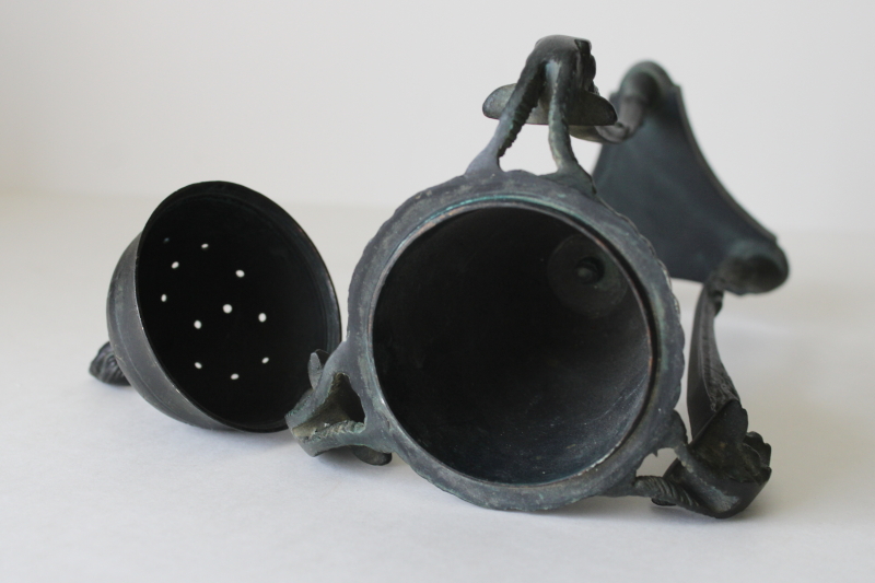 photo of vintage India incense burner, dark bronze cast brass tall urn w/ lid neoclassical ram's head design #4