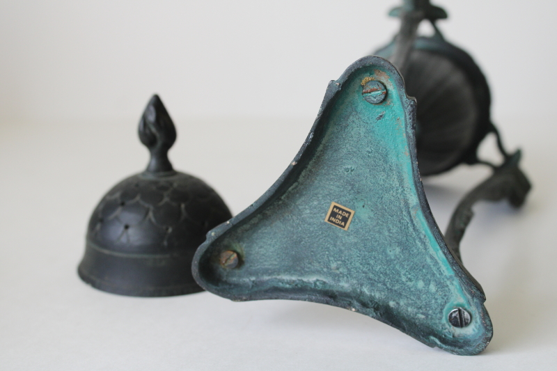photo of vintage India incense burner, dark bronze cast brass tall urn w/ lid neoclassical ram's head design #5