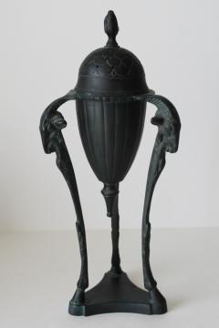 vintage India incense burner, dark bronze cast brass tall urn w/ lid neoclassical ram's head design 