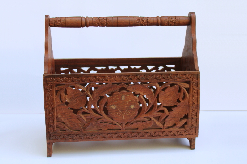 photo of vintage India ornately carved wood magazine rack or sewing stand, teak or sheesham wood w/ folding design  #1