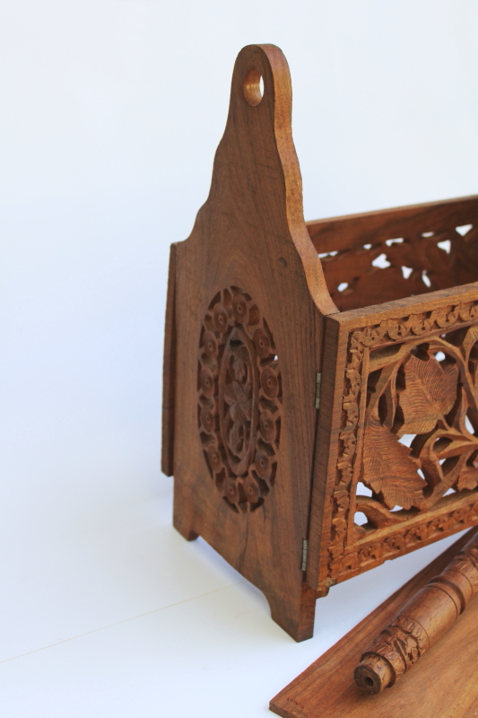 photo of vintage India ornately carved wood magazine rack or sewing stand, teak or sheesham wood w/ folding design #2